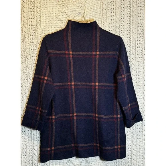 Max Studio Women's Top Sweater Short Sleeve Plaid Navy Multicolor Mock Neck Sz M - Picture 2 of 3